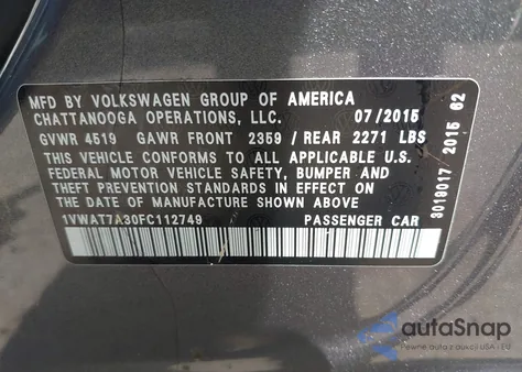 2015 Volkswagen Passat 1.8T Limited Edition из США, поврежденный, VIN 1VWAT7A30FC112749